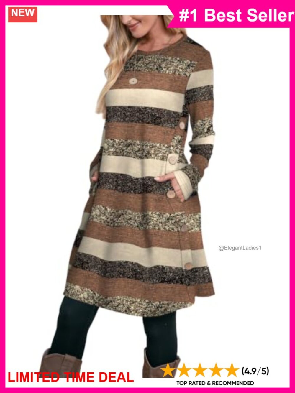 Crew Neck Long Sleeve Dress with Pockets Button Details Casual A-Line